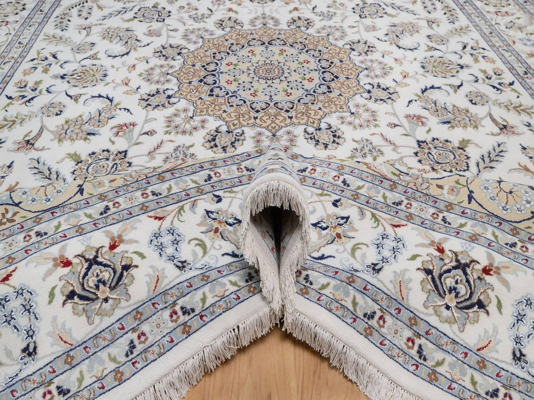 9'7" x 13'11" New Hand Knotted Ivory Wool & Silk Rectangle Oriental Rug - MOA10292584