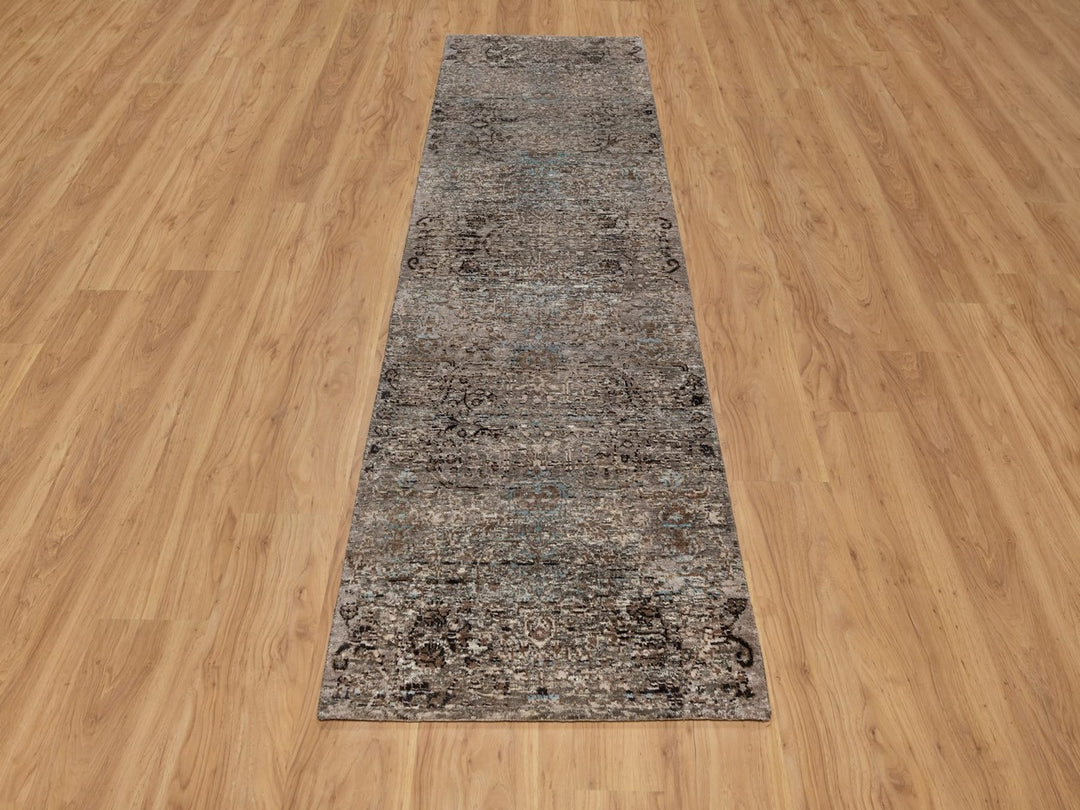 2'5" x 8'4" New Hand Knotted Brown Wool & Silk Runner Oriental Rug - MOA10292591