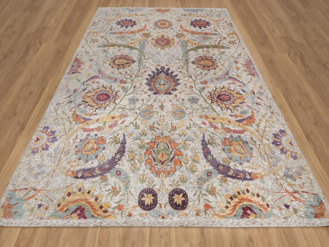 8'11" x 12'0" New Hand Knotted Ivory Wool & Silk Rectangle Oriental Rug - MOA10292603