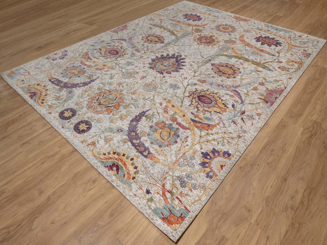 8'11" x 12'0" New Hand Knotted Ivory Wool & Silk Rectangle Oriental Rug - MOA10292603