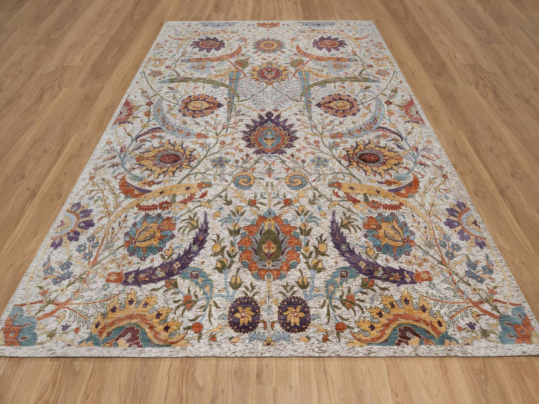 9'0" x 11'11" New Hand Knotted Ivory Wool & Silk Rectangle Oriental Rug - MOA10292604