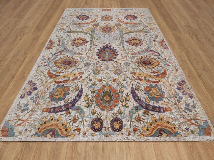 9'0" x 11'11" New Hand Knotted Ivory Wool & Silk Rectangle Oriental Rug - MOA10292604
