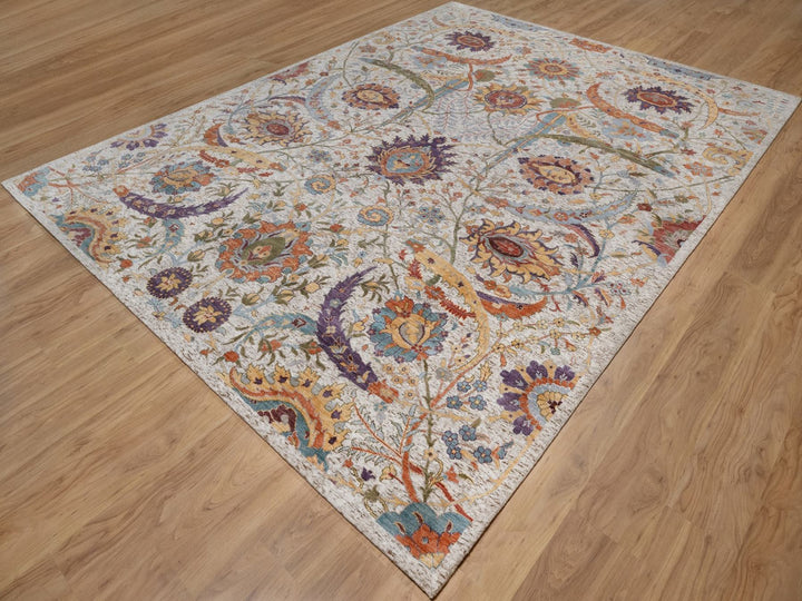 9'0" x 11'11" New Hand Knotted Ivory Wool & Silk Rectangle Oriental Rug - MOA10292604