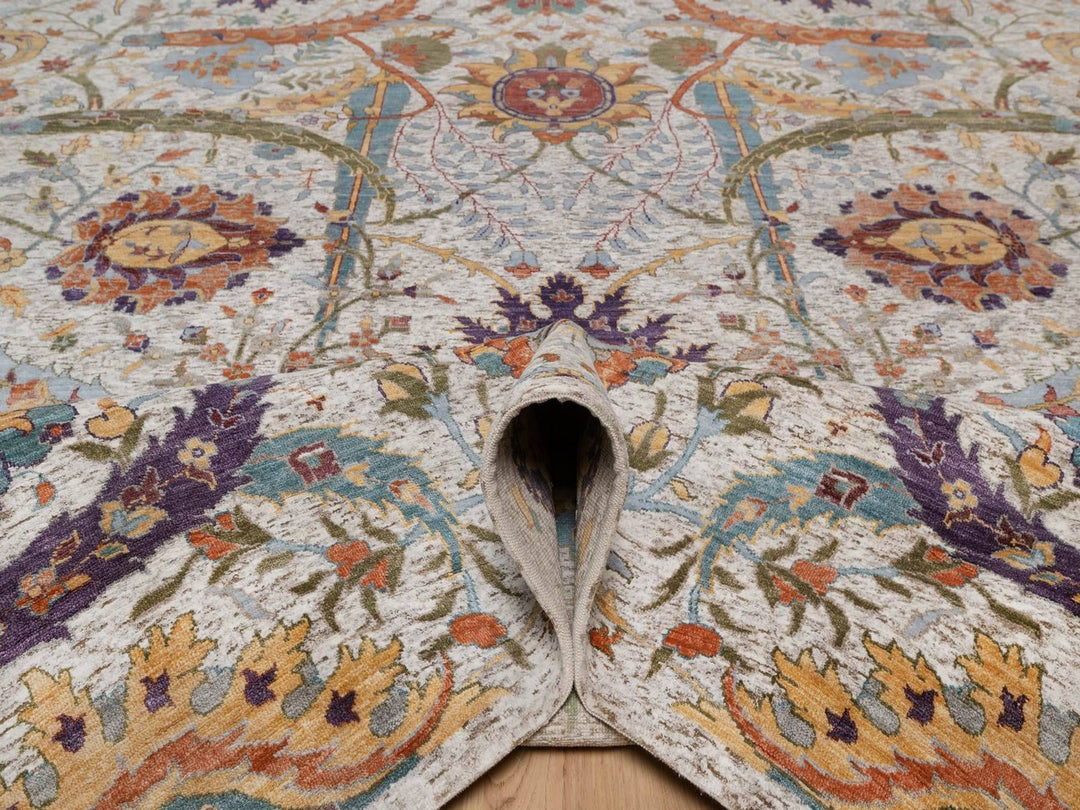 9'0" x 11'11" New Hand Knotted Ivory Wool & Silk Rectangle Oriental Rug - MOA10292604