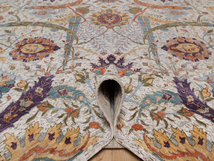 9'0" x 11'11" New Hand Knotted Ivory Wool & Silk Rectangle Oriental Rug - MOA10292604