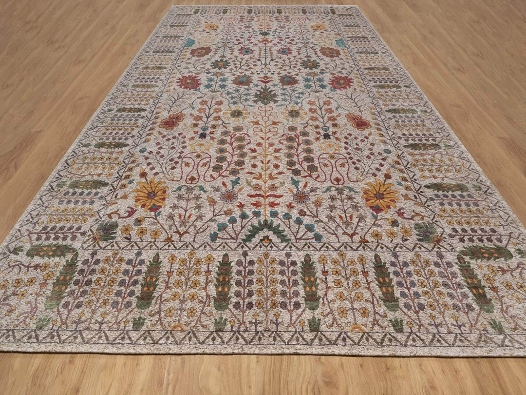 11'7" x 18'3" New Hand Knotted Ivory Wool & Silk Rectangle Oriental Rug - MOA10292606