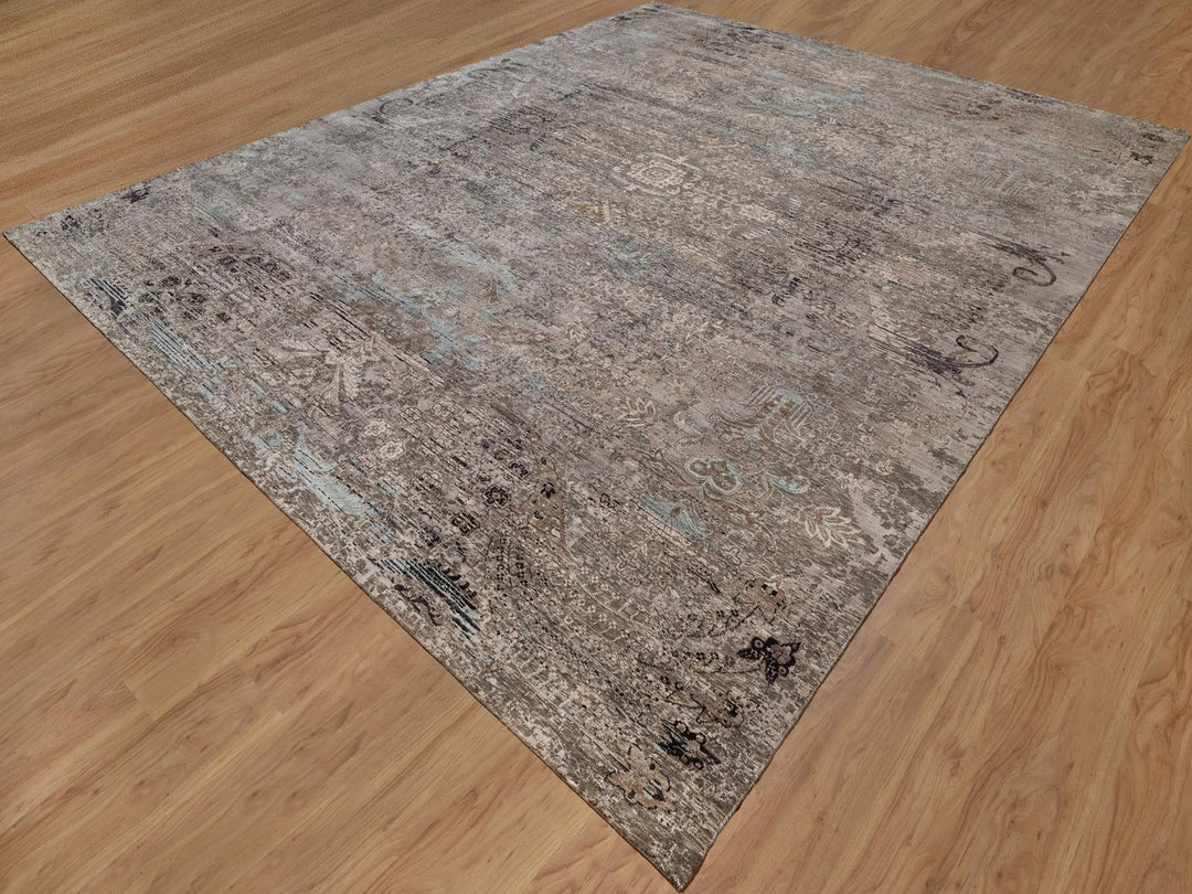 12'2" x 15'3" New Hand Knotted Brown Wool & Silk Rectangle Oriental Rug - MOA10292607