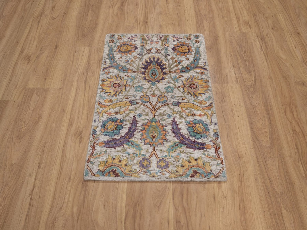 2'0" x 3'0" New Hand Knotted Ivory Wool & Silk Rectangle Oriental Rug - MOA10292613