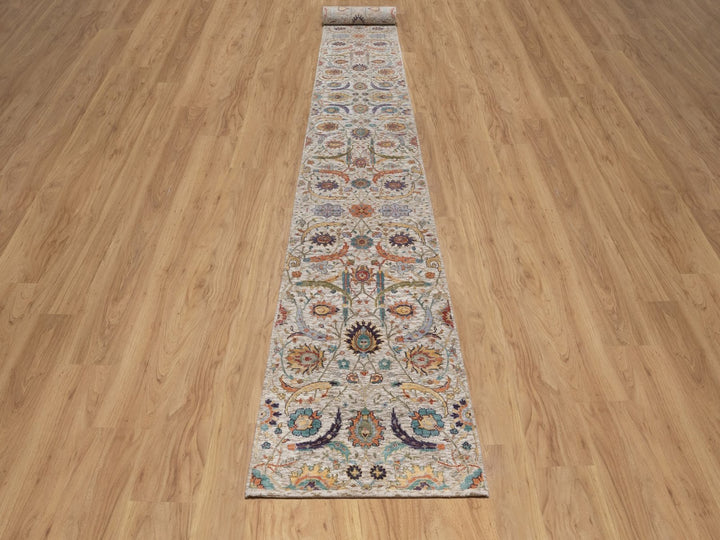 2'7" x 24'1" New Hand Knotted Ivory Wool & Silk Runner Oriental Rug - MOA10292614
