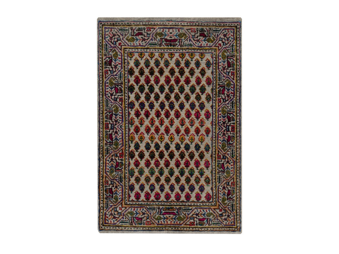 2'0" x 3'0" New Hand Knotted Beige Wool & Sari Silk Rectangle Oriental Rug - MOA10292617
