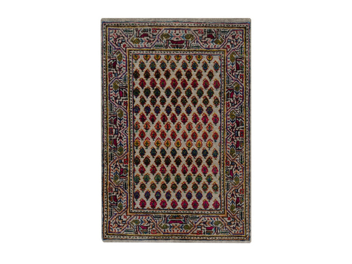 2'0" x 3'0" New Hand Knotted Beige Wool & Sari Silk Rectangle Oriental Rug - MOA10292617