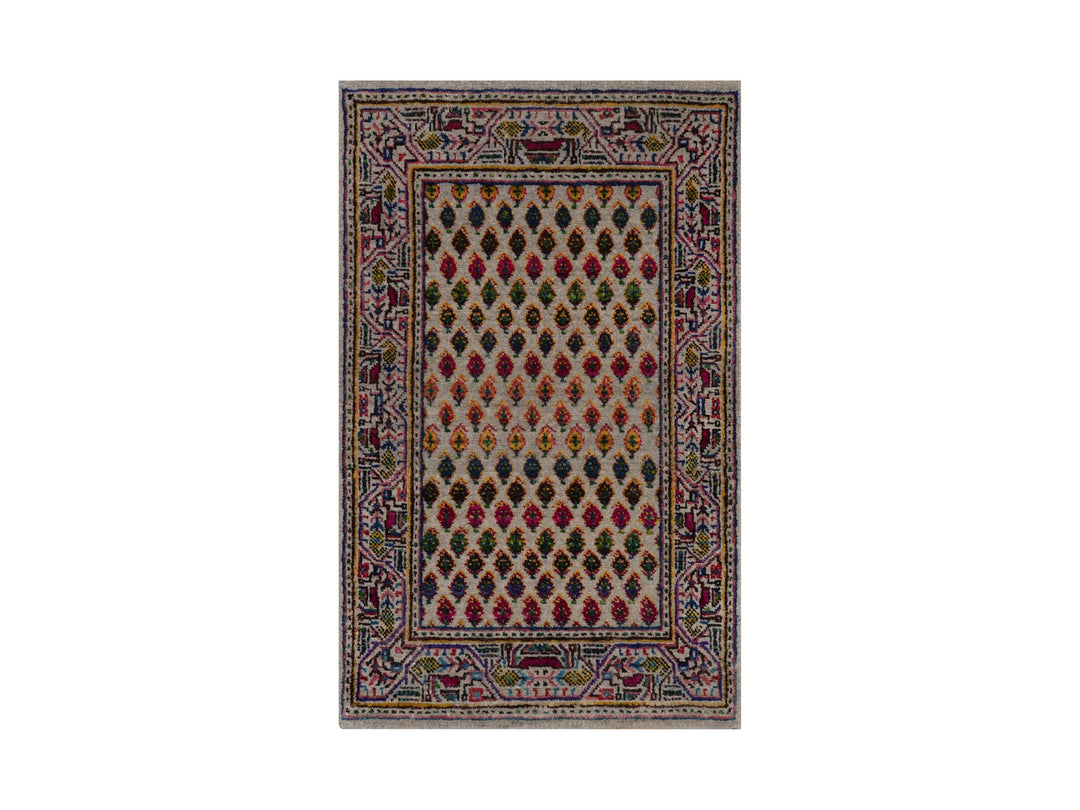 1'10" x 3'0" New Hand Knotted Beige Wool & Sari Silk Rectangle Oriental Rug - MOA10292618