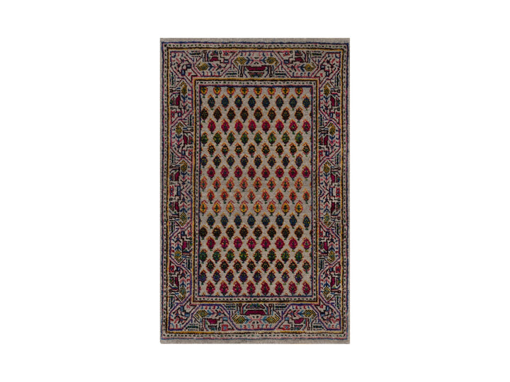 1'10" x 3'0" New Hand Knotted Beige Wool & Sari Silk Rectangle Oriental Rug - MOA10292618