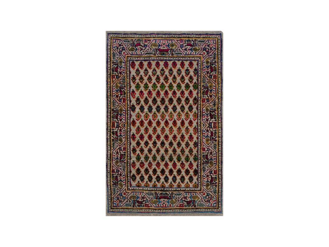 1'11" x 3'0" New Hand Knotted Beige Wool & Sari Silk Rectangle Oriental Rug - MOA10292619