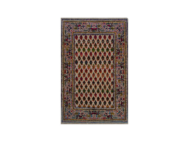 1'11" x 3'0" New Hand Knotted Beige Wool & Sari Silk Rectangle Oriental Rug - MOA10292619