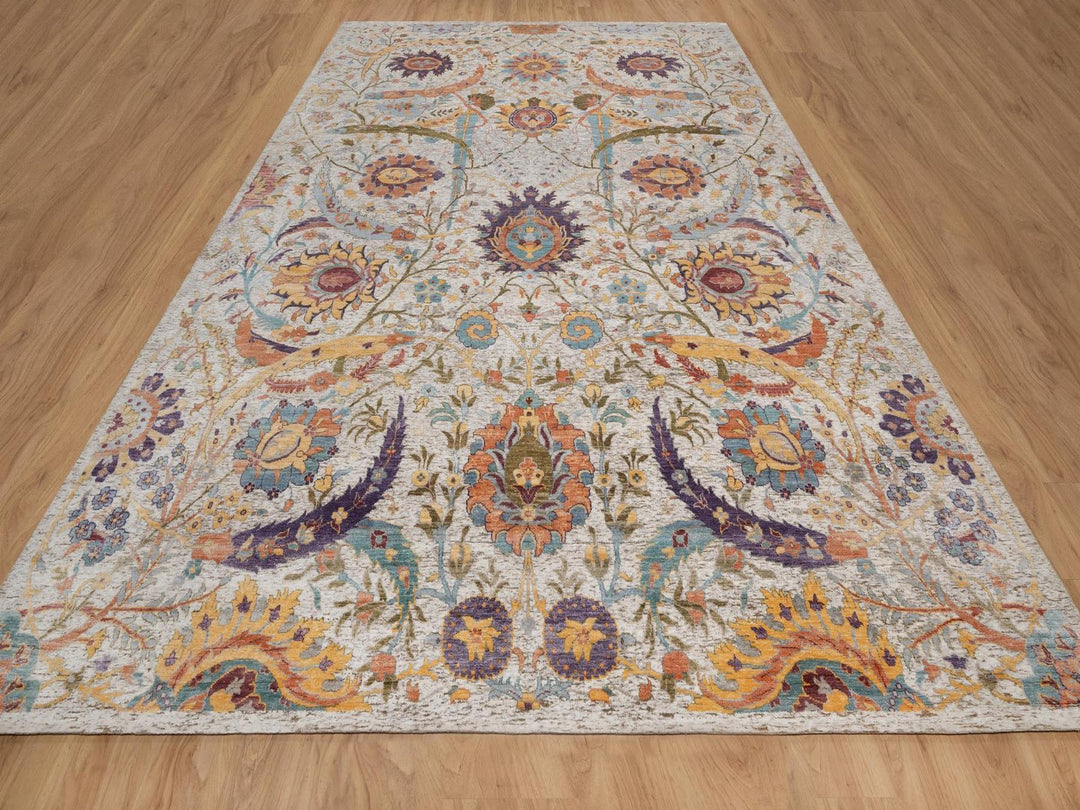 9'10" x 14'2" New Hand Knotted Ivory Wool & Silk Rectangle Oriental Rug - MOA10292620