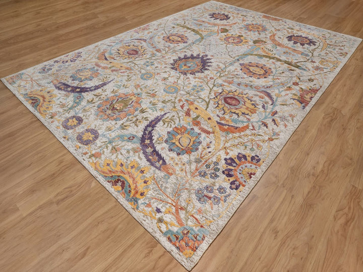 9'10" x 14'2" New Hand Knotted Ivory Wool & Silk Rectangle Oriental Rug - MOA10292620