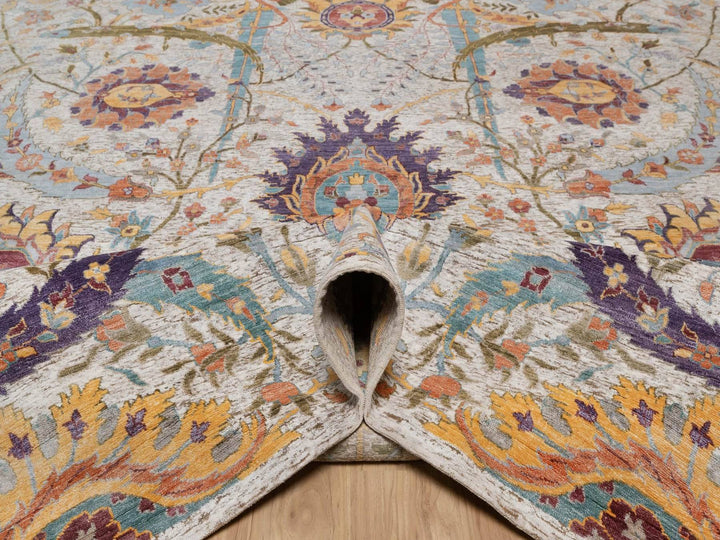 9'10" x 14'2" New Hand Knotted Ivory Wool & Silk Rectangle Oriental Rug - MOA10292620