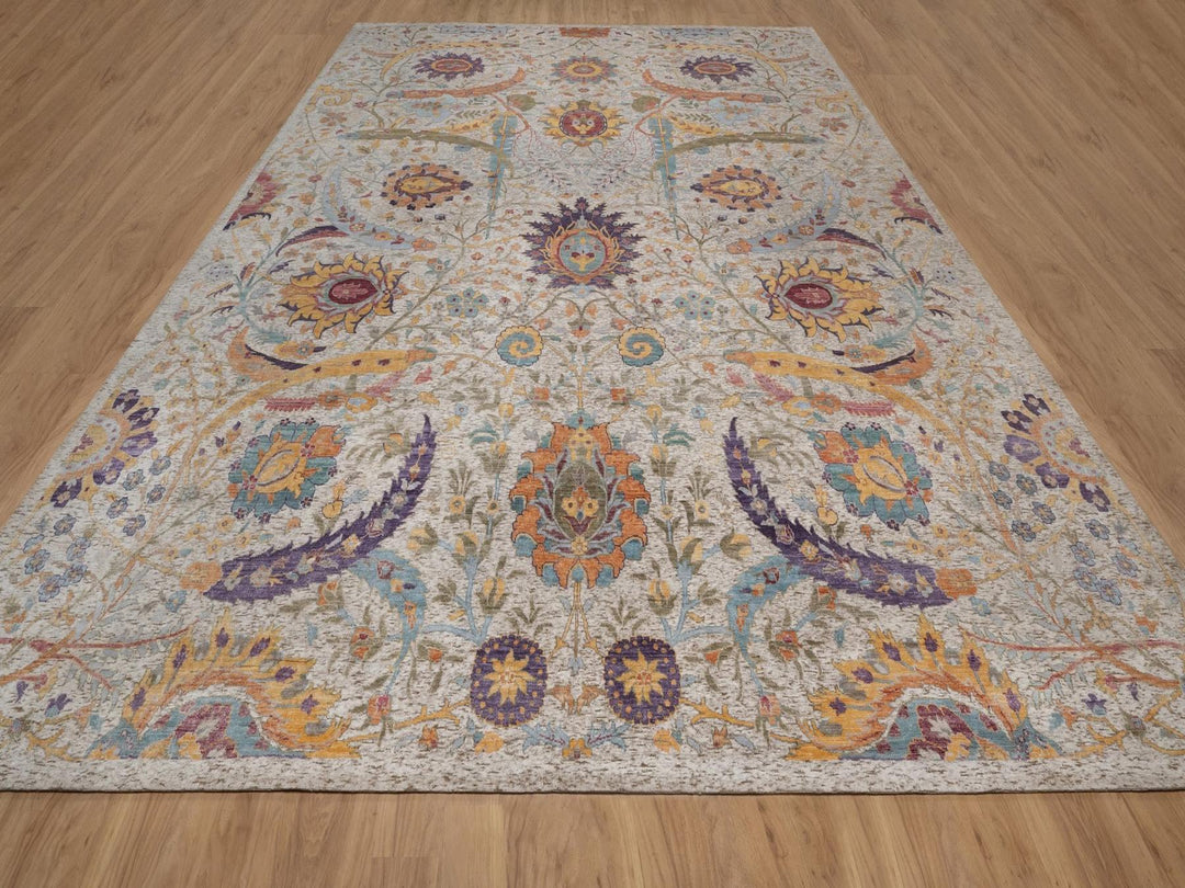 11'9" x 15'2" New Hand Knotted Ivory Wool & Silk Rectangle Oriental Rug - MOA10292621