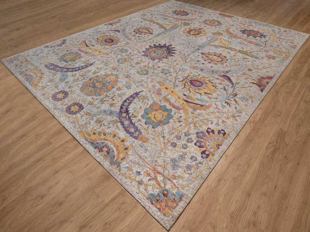 11'9" x 15'2" New Hand Knotted Ivory Wool & Silk Rectangle Oriental Rug - MOA10292621