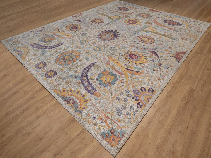 11'9" x 15'2" New Hand Knotted Ivory Wool & Silk Rectangle Oriental Rug - MOA10292621