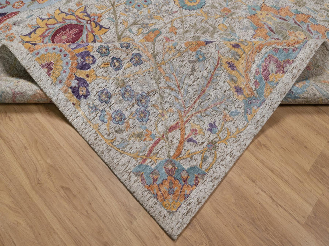 11'9" x 15'2" New Hand Knotted Ivory Wool & Silk Rectangle Oriental Rug - MOA10292621