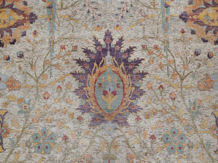 11'9" x 15'2" New Hand Knotted Ivory Wool & Silk Rectangle Oriental Rug - MOA10292621