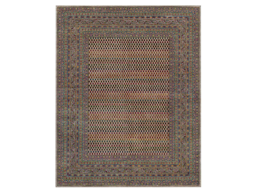 7'11" x 9'11" New Hand Knotted Beige Wool & Sari Silk Rectangle Oriental Rug - MOA10292622