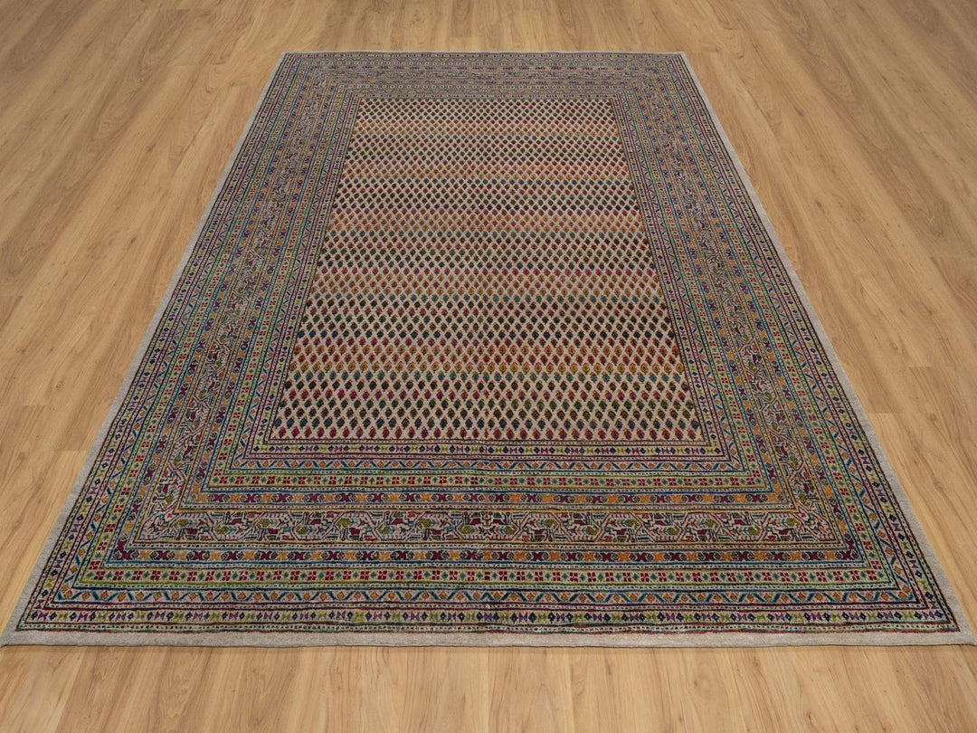 7'11" x 9'11" New Hand Knotted Beige Wool & Sari Silk Rectangle Oriental Rug - MOA10292622