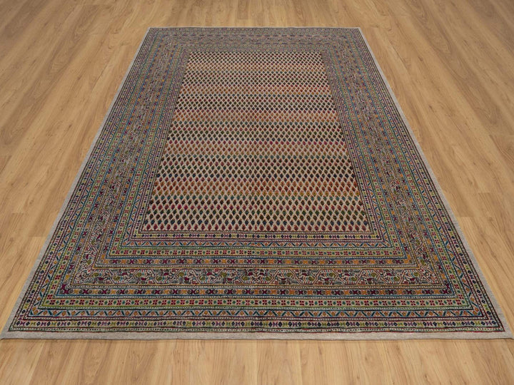 7'11" x 9'11" New Hand Knotted Beige Wool & Sari Silk Rectangle Oriental Rug - MOA10292622