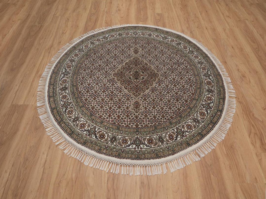 5'0" x 5'0" New Hand Knotted Ivory Wool Round Oriental Rug - MOA10292693