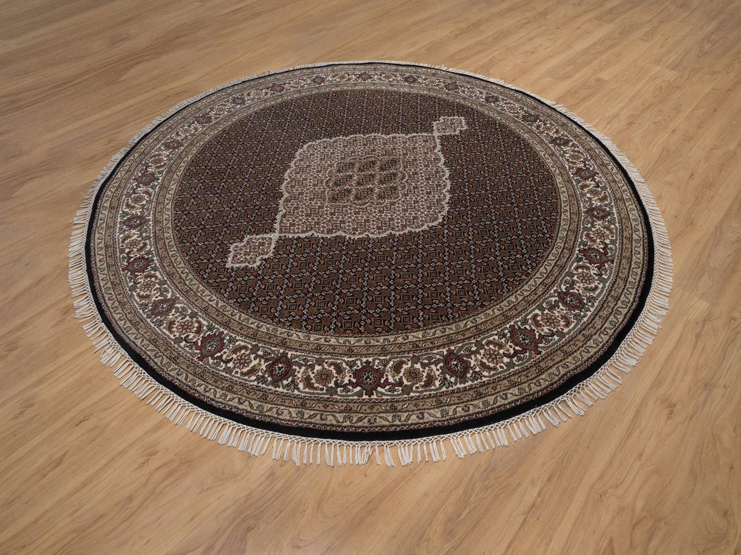 7'10" x 7'10" New Hand Knotted Black Wool Round Oriental Rug - MOA10292721