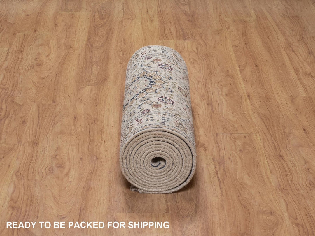 2'7" x 15'11" New Hand Knotted Ivory Wool & Silk Runner Oriental Rug - MOA10292744