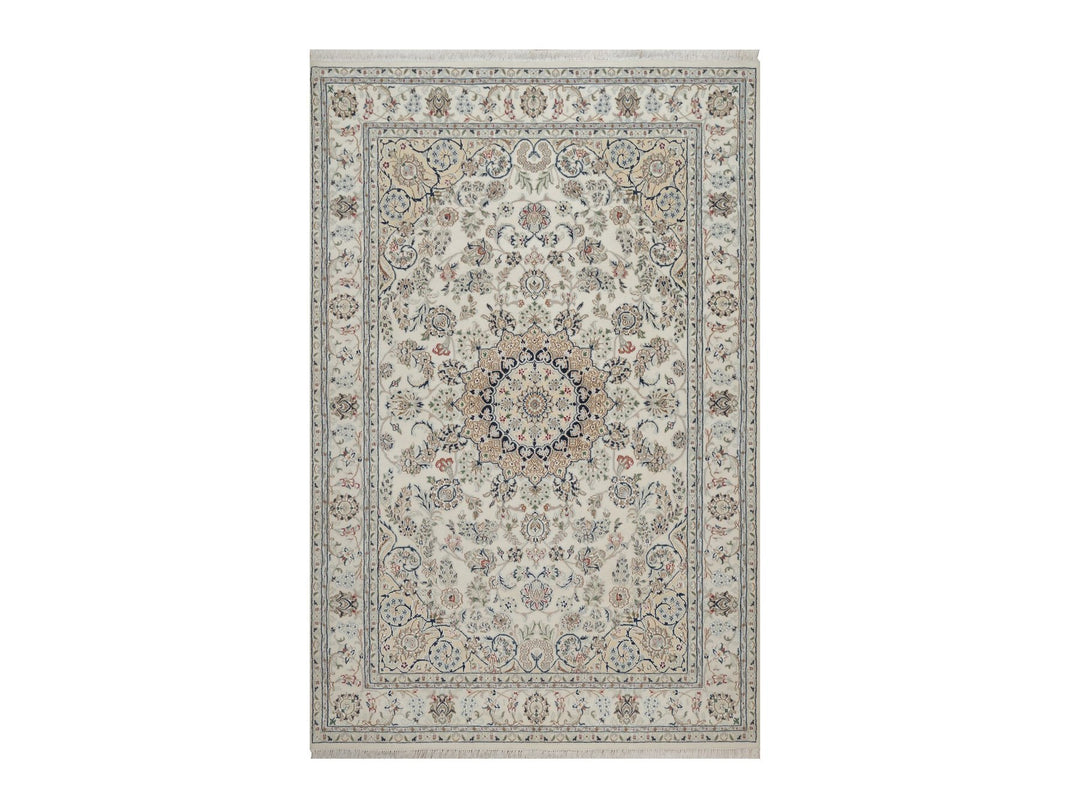 5'11" x 9'0" New Hand Knotted Ivory Wool & Silk Rectangle Oriental Rug - MOA10292745