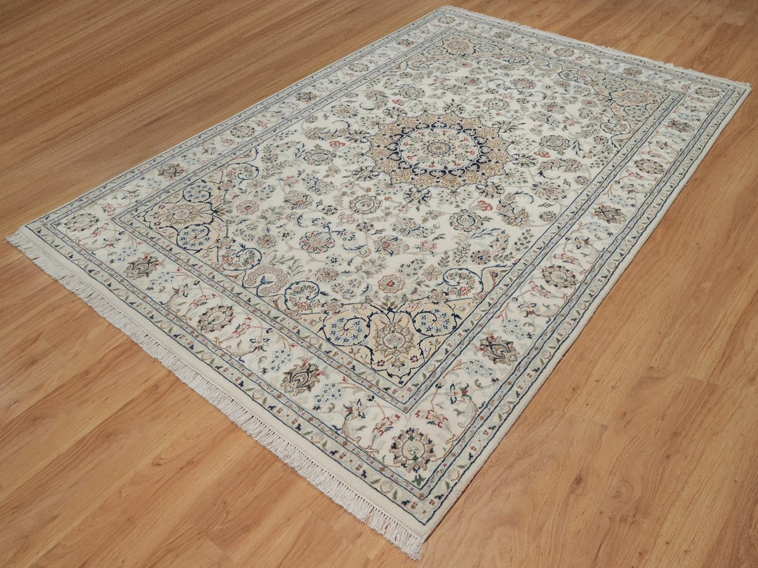 5'11" x 9'0" New Hand Knotted Ivory Wool & Silk Rectangle Oriental Rug - MOA10292745