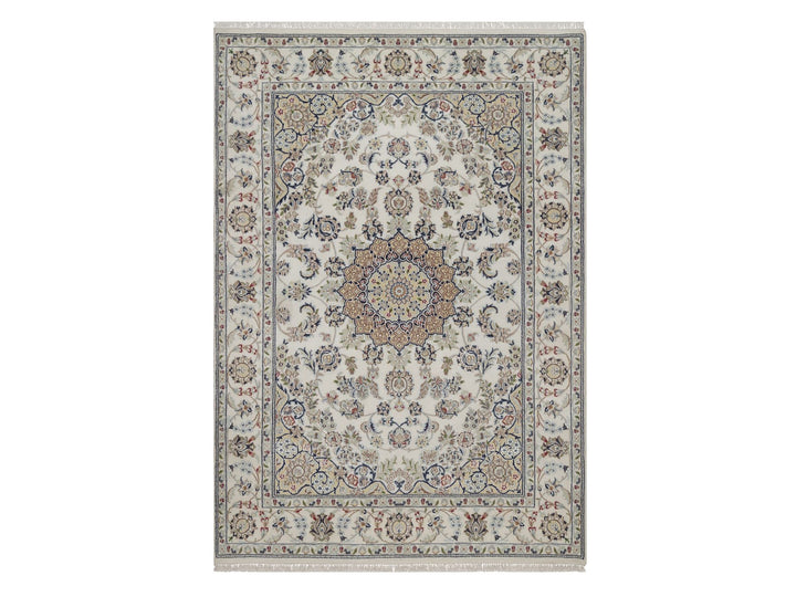 5'6" x 8'0" New Hand Knotted Ivory Wool & Silk Rectangle Oriental Rug - MOA10292747