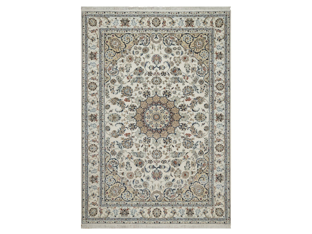 6'2" x 8'11" New Hand Knotted Ivory Wool & Silk Rectangle Oriental Rug - MOA10292750