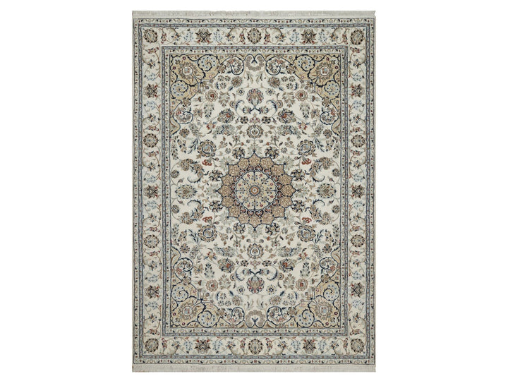 6'2" x 8'11" New Hand Knotted Ivory Wool & Silk Rectangle Oriental Rug - MOA10292750