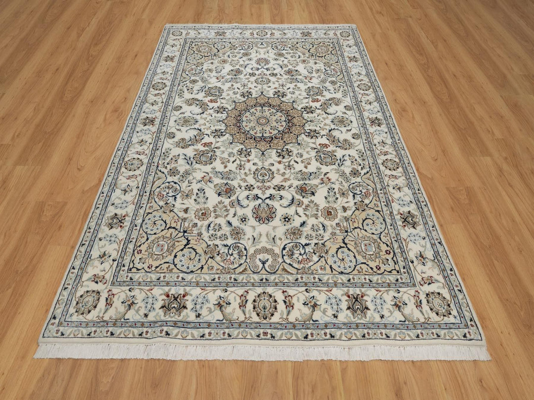 6'2" x 8'11" New Hand Knotted Ivory Wool & Silk Rectangle Oriental Rug - MOA10292750