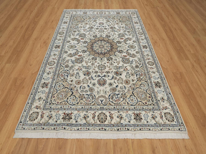 6'2" x 8'11" New Hand Knotted Ivory Wool & Silk Rectangle Oriental Rug - MOA10292750