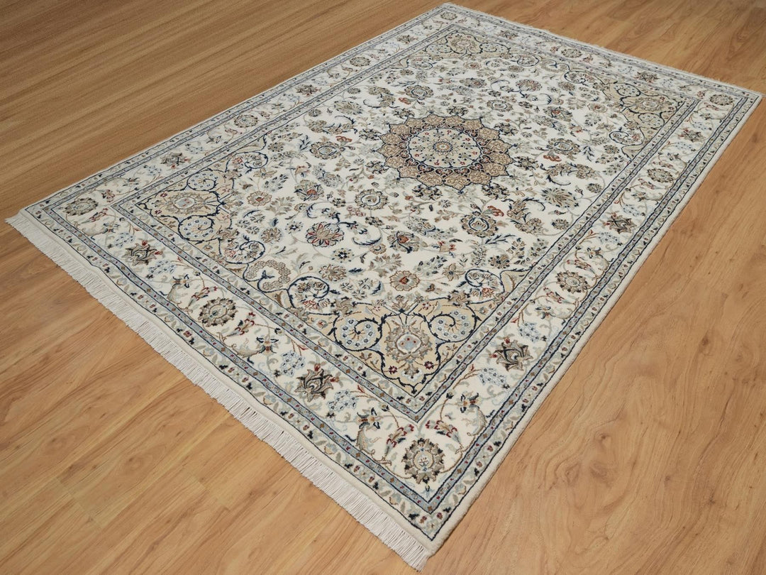 6'2" x 8'11" New Hand Knotted Ivory Wool & Silk Rectangle Oriental Rug - MOA10292750