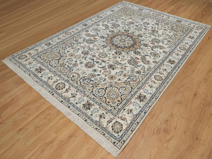 6'2" x 8'11" New Hand Knotted Ivory Wool & Silk Rectangle Oriental Rug - MOA10292750