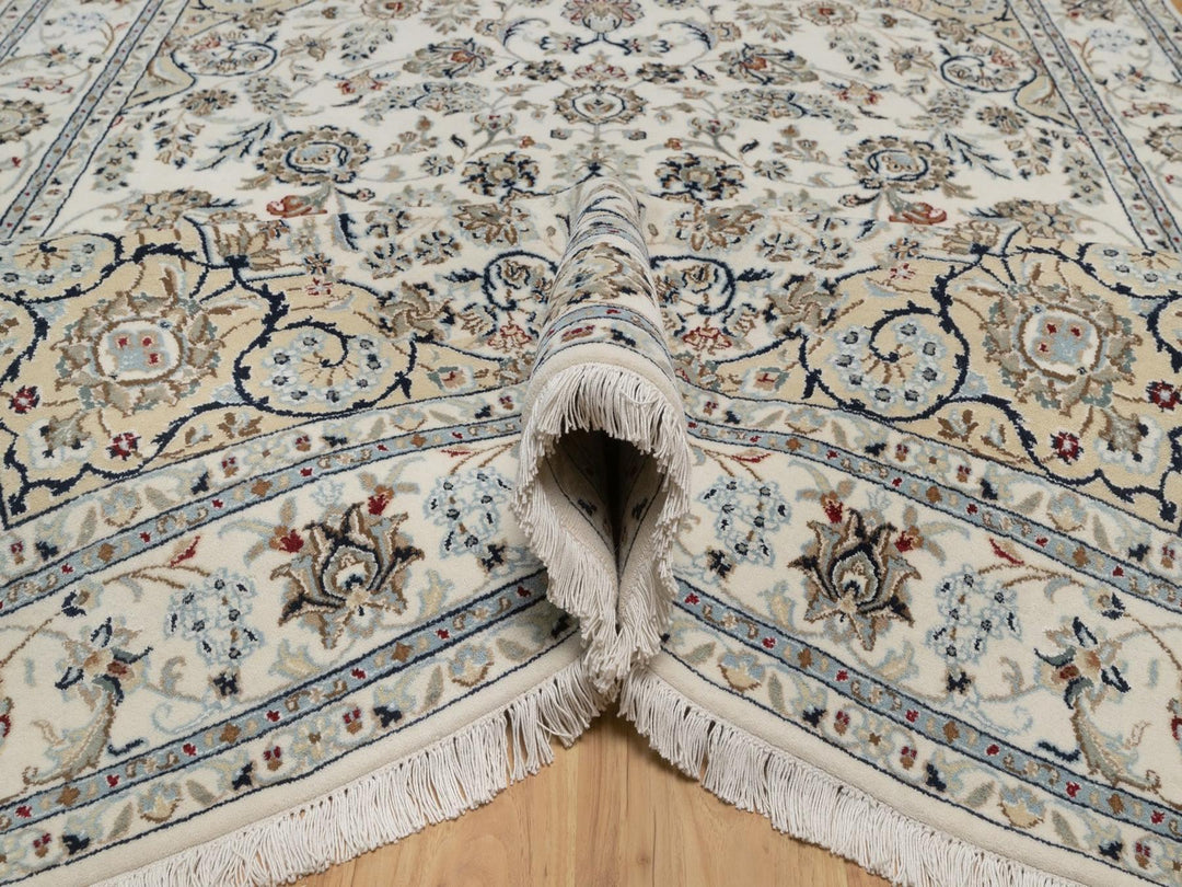 6'2" x 8'11" New Hand Knotted Ivory Wool & Silk Rectangle Oriental Rug - MOA10292750