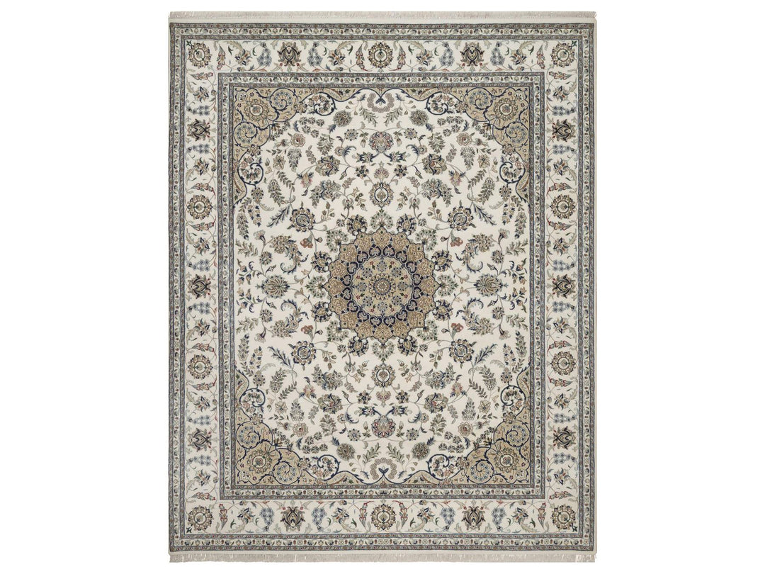 8'0" x 10'1" New Hand Knotted Ivory Wool & Silk Rectangle Oriental Rug - MOA10292753