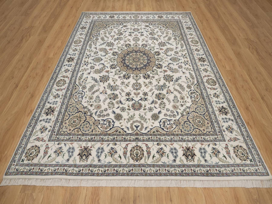 8'0" x 10'1" New Hand Knotted Ivory Wool & Silk Rectangle Oriental Rug - MOA10292753