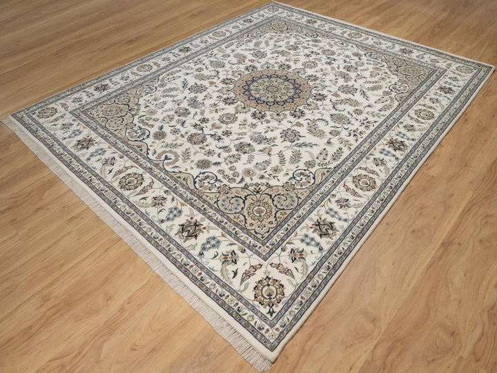 8'0" x 10'1" New Hand Knotted Ivory Wool & Silk Rectangle Oriental Rug - MOA10292753