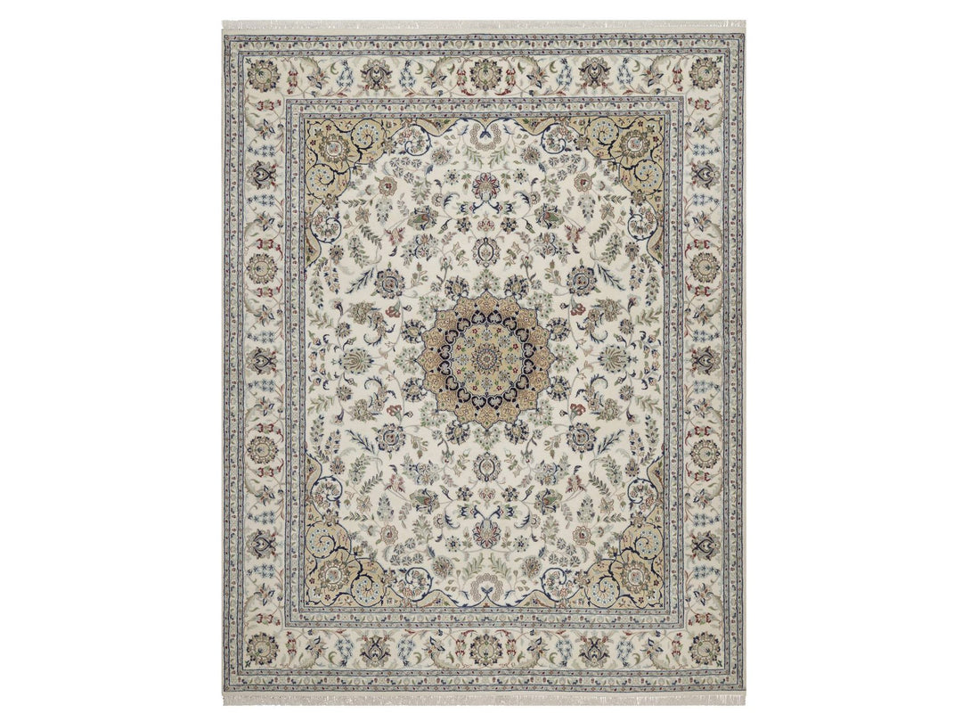 8'0" x 10'2" New Hand Knotted Ivory Wool & Silk Rectangle Oriental Rug - MOA10292754