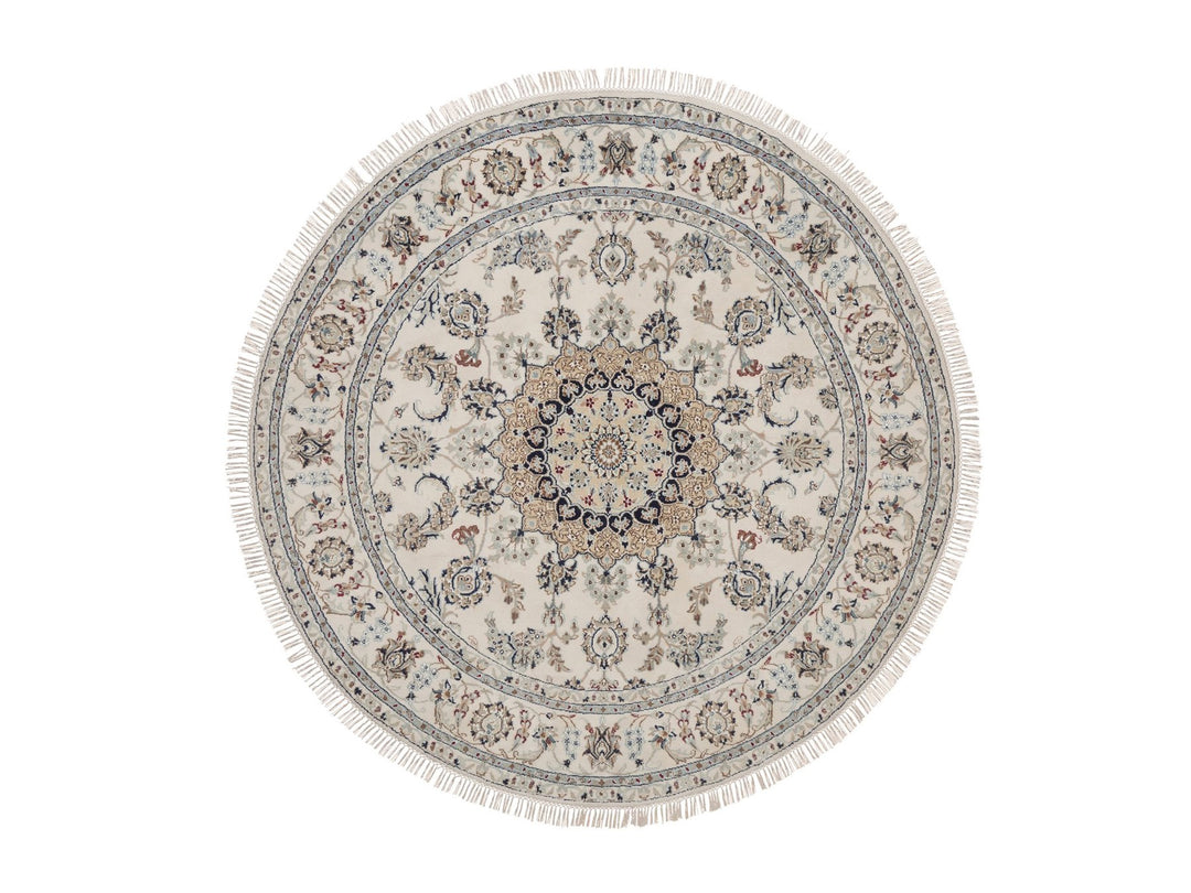 6'0" x 6'0" New Hand Knotted Ivory Wool & Silk Round Oriental Rug - MOA10292756
