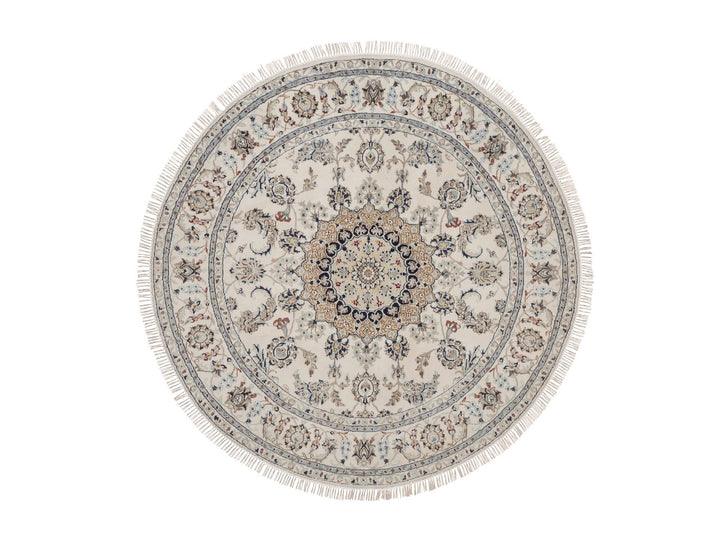6'0" x 6'0" New Hand Knotted Ivory Wool & Silk Round Oriental Rug - MOA10292756