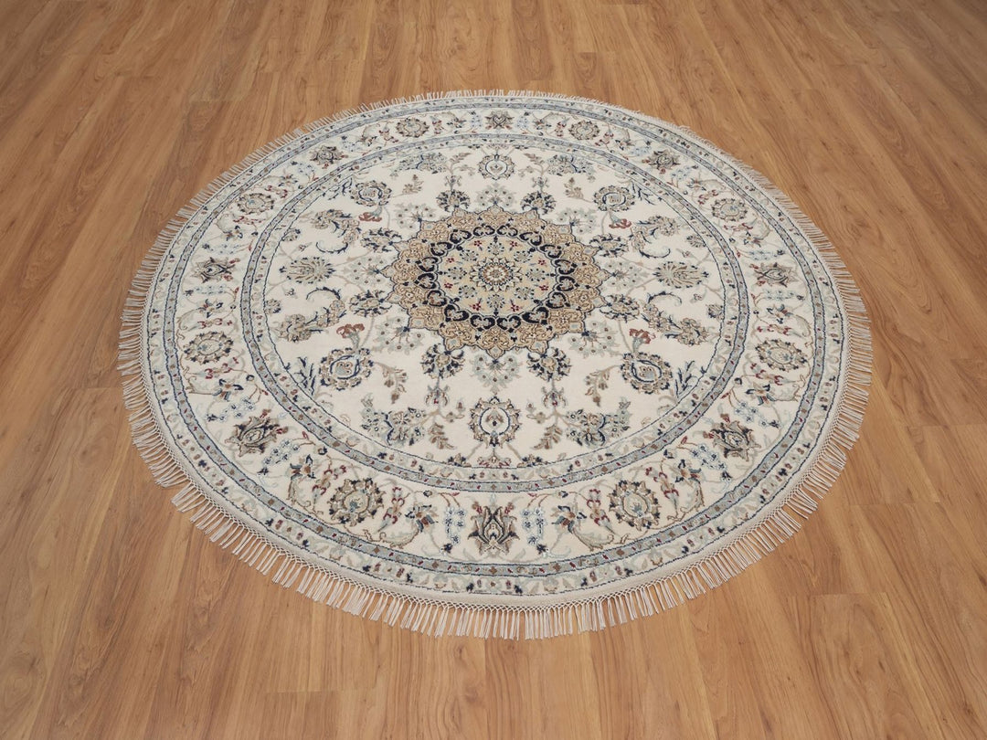 6'0" x 6'0" New Hand Knotted Ivory Wool & Silk Round Oriental Rug - MOA10292756